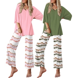 Ekouaer 2 Packs Lounge Set for Women Short Sleeve Pajamas Top and Long Pant(Pink Tie-dye Stripes/Green Tie-dye Stripes)