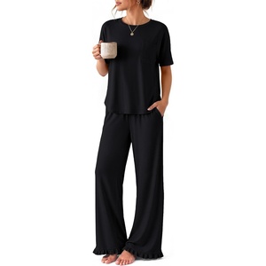 Ekouaer Womens Pajama Set Bamboo Viscose Pj Short Sleeve 2 Piece Lounge Set(Black)