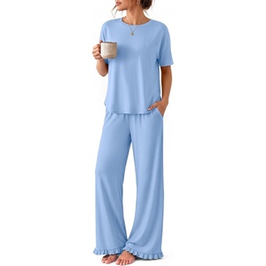 Ekouaer Womens Pajama Set Bamboo Viscose Pj Short Sleeve 2 Piece Lounge Set(Light Blue)