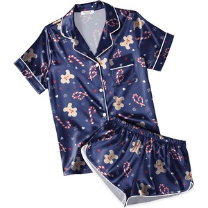 Ekouaer Womens Satin Pajama Set Silk Pj Short Sets 2 Piece Loungewear S-5XL(Blue Christmas Gingerbread)