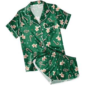 Ekouaer Womens Satin Pajama Set Silk Pj Short Sets 2 Piece Loungewear S-5XL(Green Christmas Gingerbread)