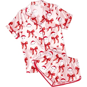 Ekouaer Womens Satin Pajama Set Silk Pj Short Sets 2 Piece Loungewear S-5XL(Pink Christmas Snowman Bow)