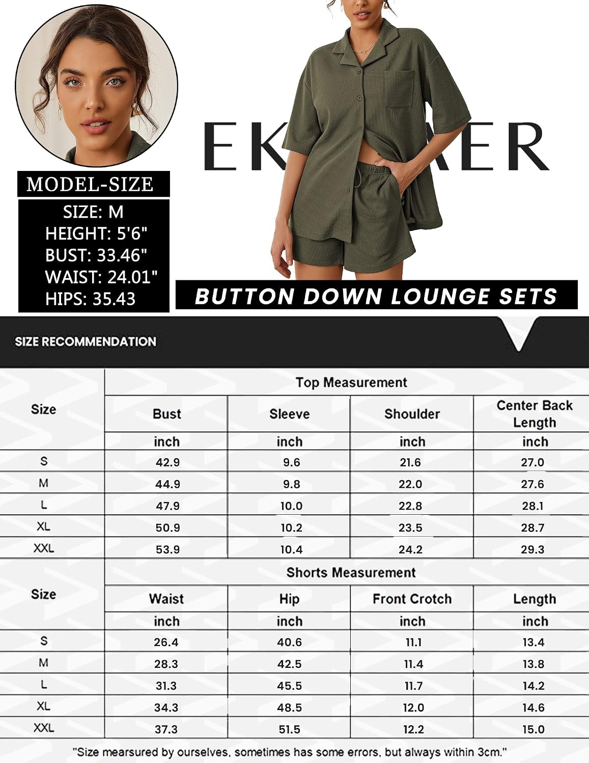 image:imageEkouaer Pajamas for Women Waffle Knit Lounge Set Button Down Loungewear Soft Short Sleeve Pjs Shorts Set SXXLArmy Green