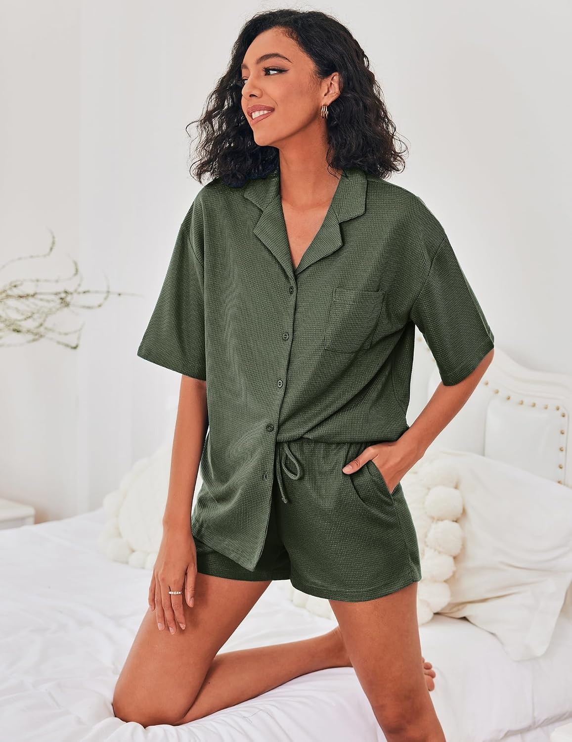 image:imageEkouaer Pajamas for Women Waffle Knit Lounge Set Button Down Loungewear Soft Short Sleeve Pjs Shorts Set SXXLArmy Green
