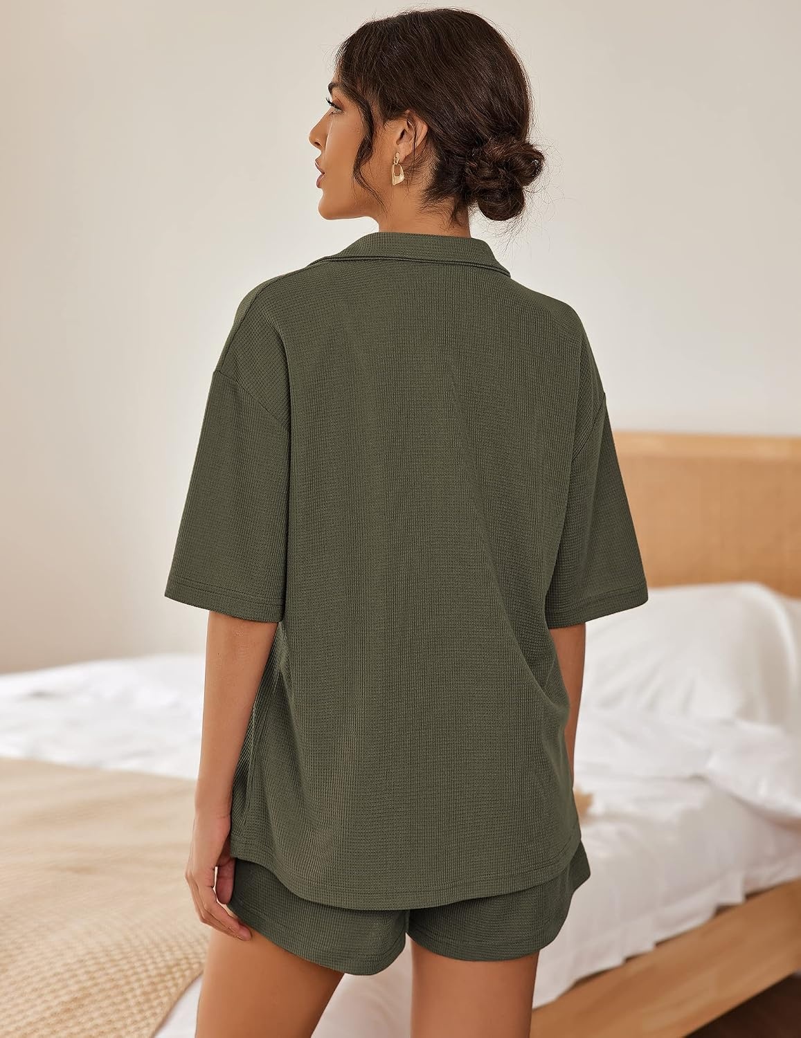 image:imageEkouaer Pajamas for Women Waffle Knit Lounge Set Button Down Loungewear Soft Short Sleeve Pjs Shorts Set SXXLArmy Green