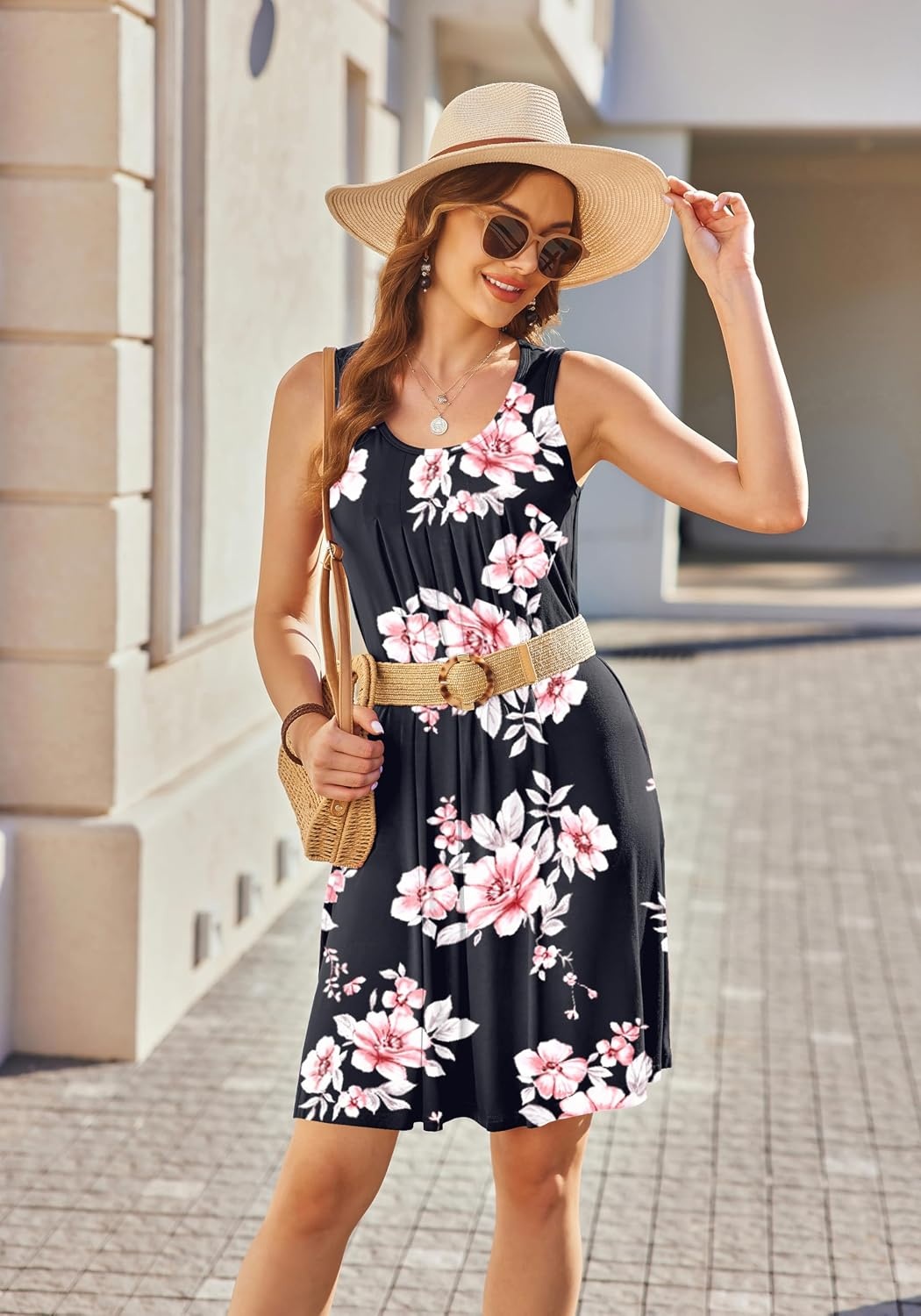 image:imageEkouaer Womens Nightgowns Sleeveless Tank Sleep Shirts Pleated NightshirtBlack Pink Flower