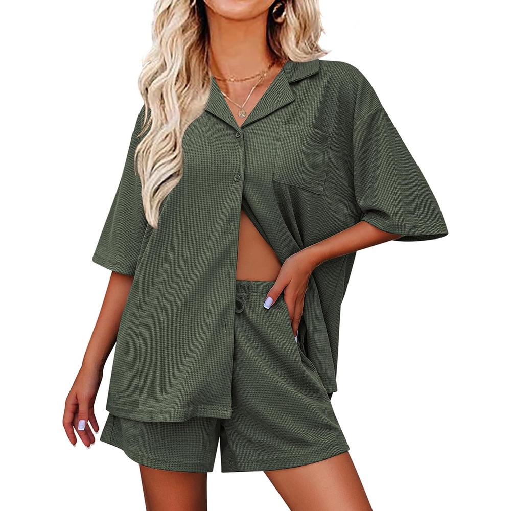 image:imageEkouaer Pajamas for Women Waffle Knit Lounge Set Button Down Loungewear Soft Short Sleeve Pjs Shorts Set SXXLArmy Green