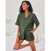 Ekouaer Pajamas for Women Waffle Knit Lounge Set Button Down Loungewear Soft Short Sleeve Pjs Shorts Set S-XXL(Army Green)