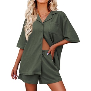 Ekouaer Pajamas for Women Waffle Knit Lounge Set Button Down Loungewear Soft Short Sleeve Pjs Shorts Set S-XXL(Army Green)