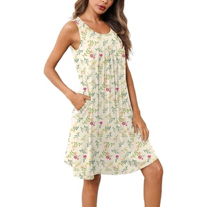 Ekouaer Womens Nightgowns Sleeveless Tank Sleep Shirts Pleated Nightshirt(Yellow Florals)