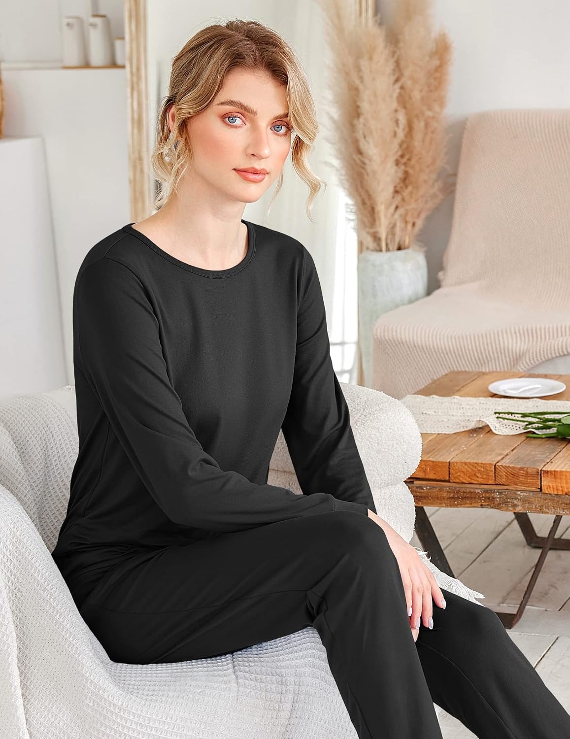 image:imageEkouaer Womens Jogger Pajama Sets Long Sleeve Sleepwear Lounge Sets XSXXLBlack