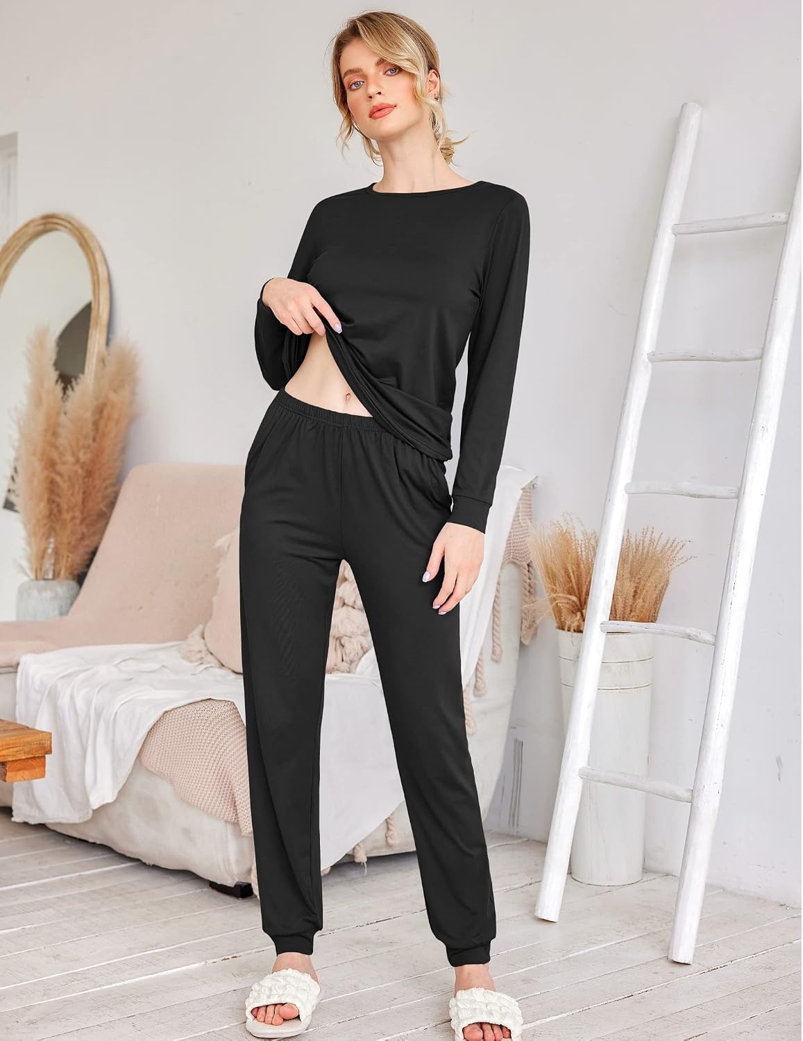image:imageEkouaer Womens Jogger Pajama Sets Long Sleeve Sleepwear Lounge Sets XSXXLBlack
