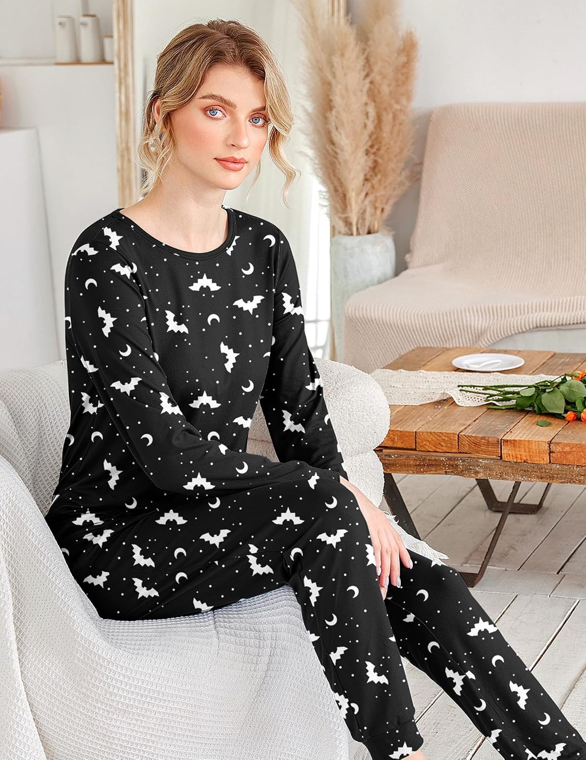 image:imageEkouaer Womens Jogger Pajama Sets Long Sleeve Sleepwear Lounge Sets XSXXLBlack Halloween