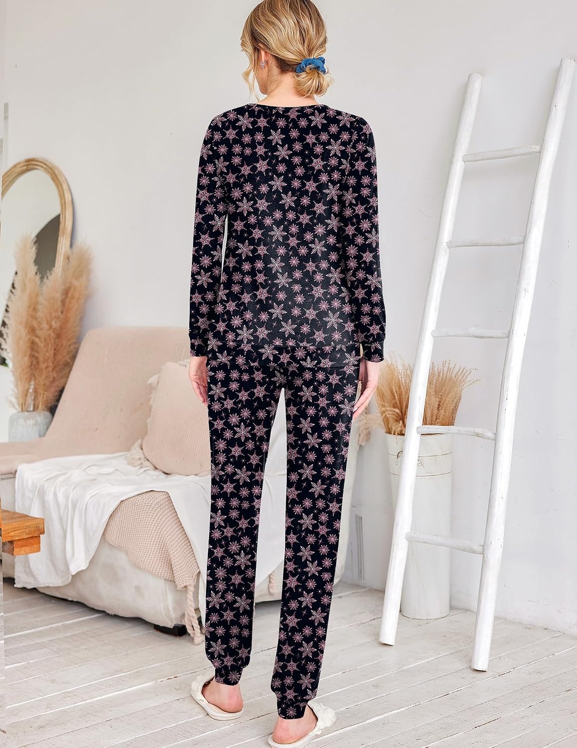 image:imageEkouaer Womens Jogger Pajama Sets Long Sleeve Sleepwear Lounge Sets XSXXLBlack Snowflake