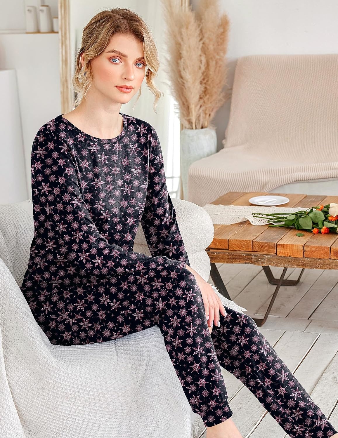 image:imageEkouaer Womens Jogger Pajama Sets Long Sleeve Sleepwear Lounge Sets XSXXLBlack Snowflake