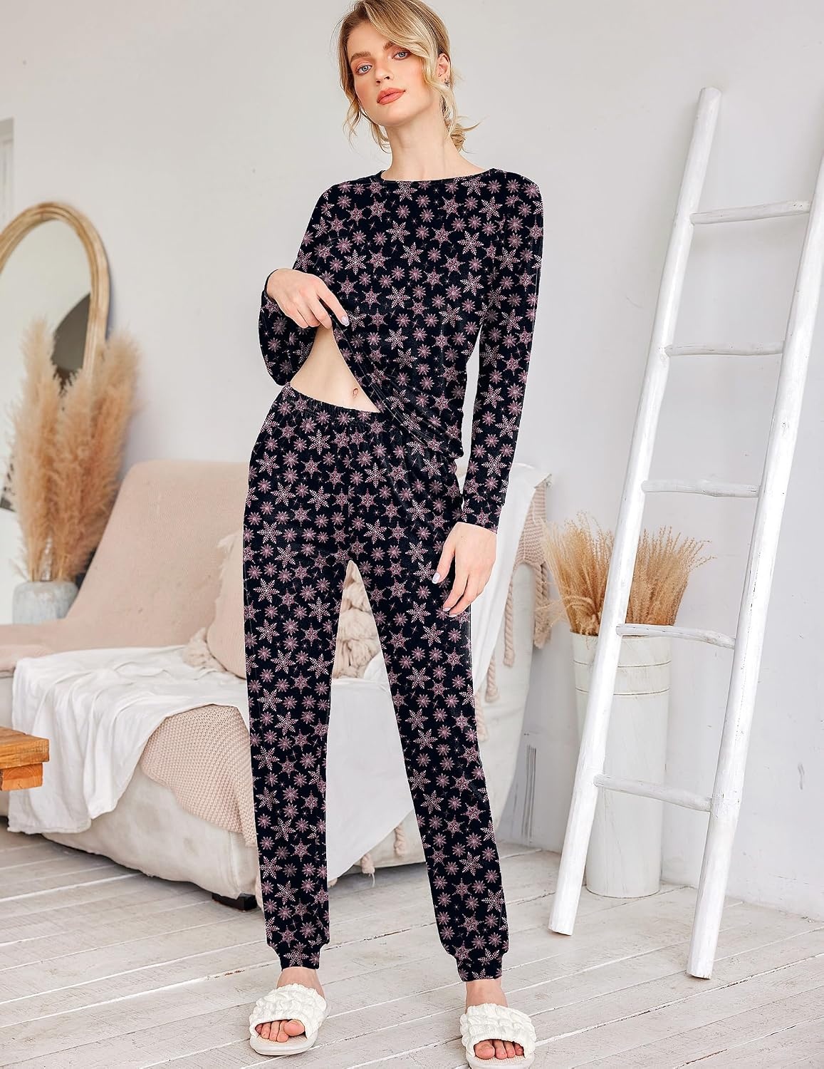 image:imageEkouaer Womens Jogger Pajama Sets Long Sleeve Sleepwear Lounge Sets XSXXLBlack Snowflake