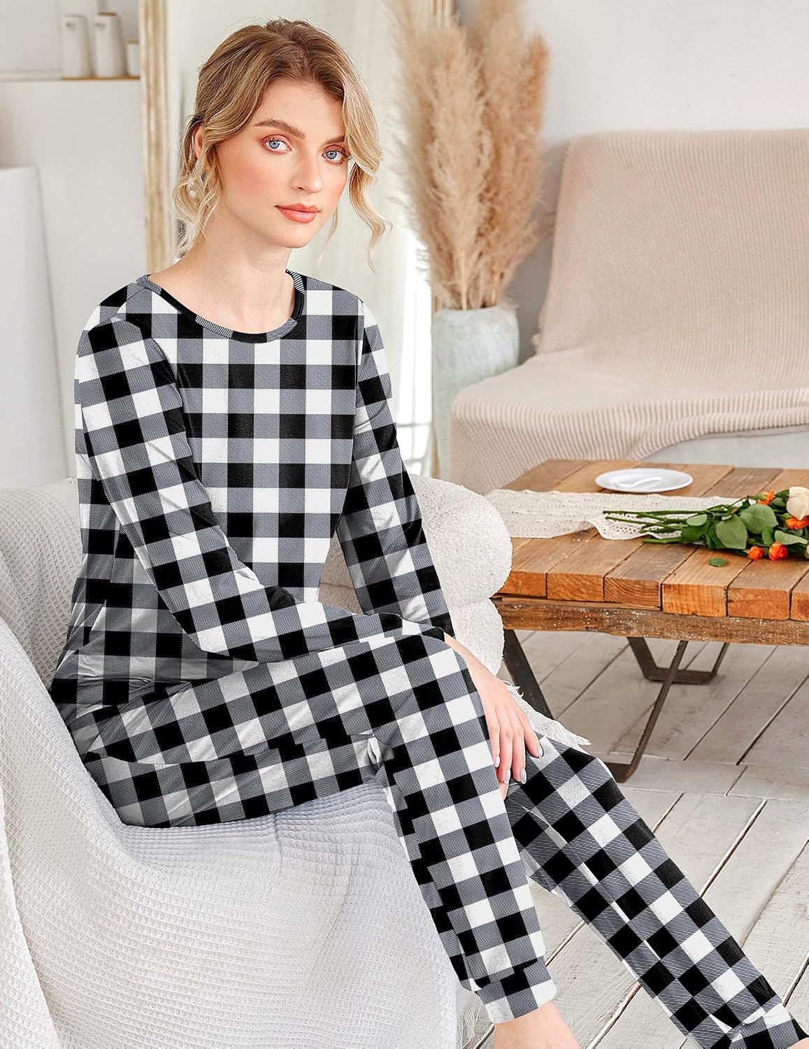 image:imageEkouaer Womens Jogger Pajama Sets Long Sleeve Sleepwear Lounge Sets XSXXLBlack and White Plaid