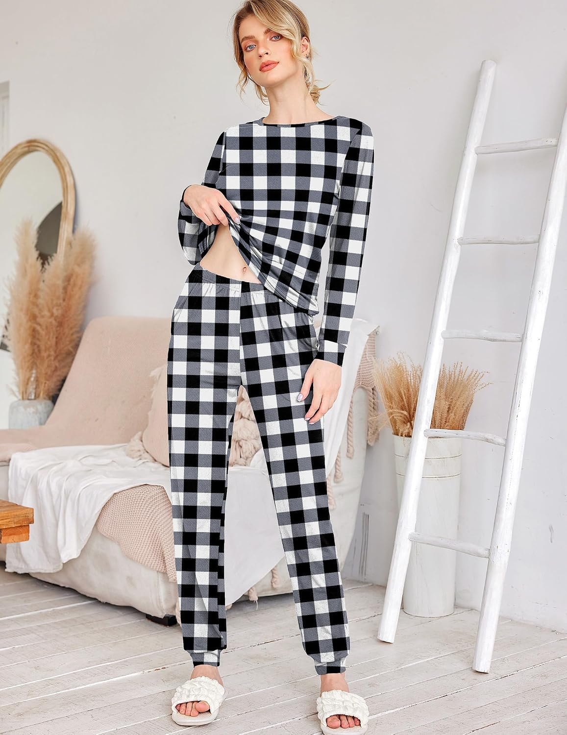 image:imageEkouaer Womens Jogger Pajama Sets Long Sleeve Sleepwear Lounge Sets XSXXLBlack and White Plaid