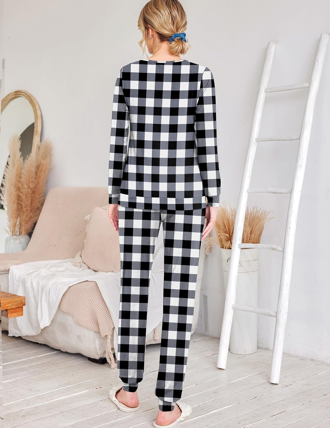 image:imageEkouaer Womens Jogger Pajama Sets Long Sleeve Sleepwear Lounge Sets XSXXLBlack and White Plaid