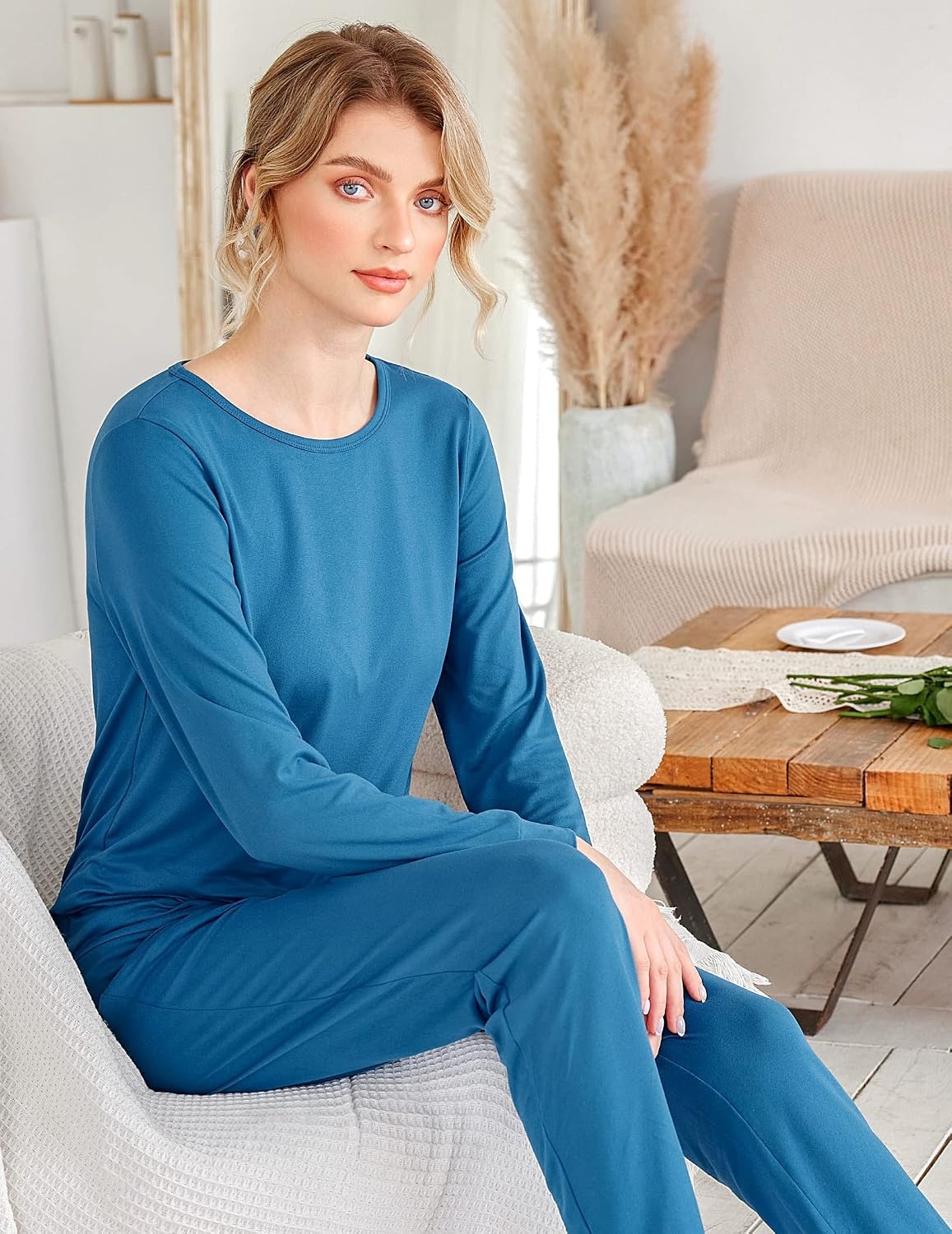 image:imageEkouaer Womens Jogger Pajama Sets Long Sleeve Sleepwear Lounge Sets XSXXLBlue Green