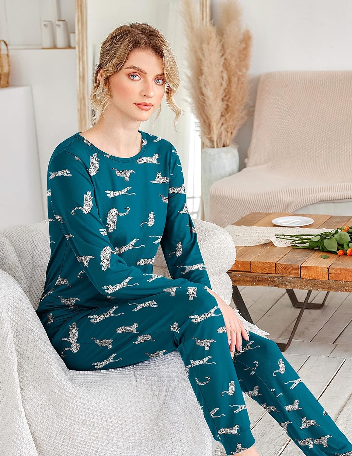 image:imageEkouaer Womens Jogger Pajama Sets Long Sleeve Sleepwear Lounge Sets XSXXLBlue Green Leopard