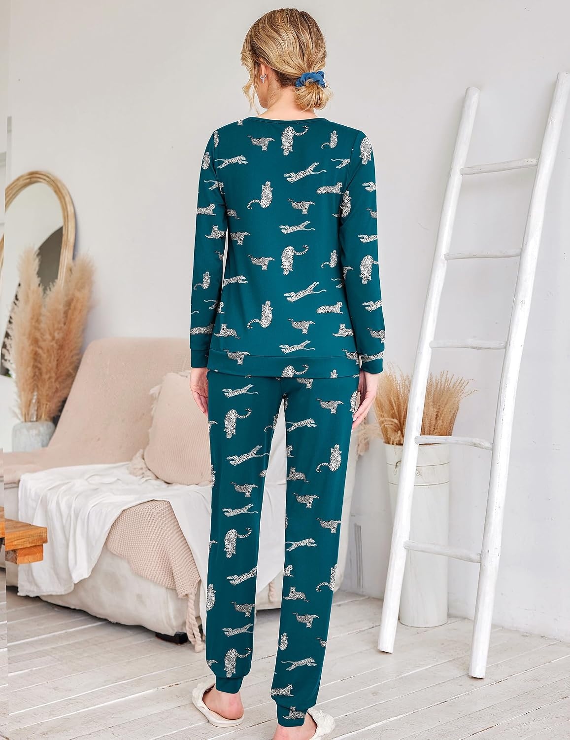 image:imageEkouaer Womens Jogger Pajama Sets Long Sleeve Sleepwear Lounge Sets XSXXLBlue Green Leopard