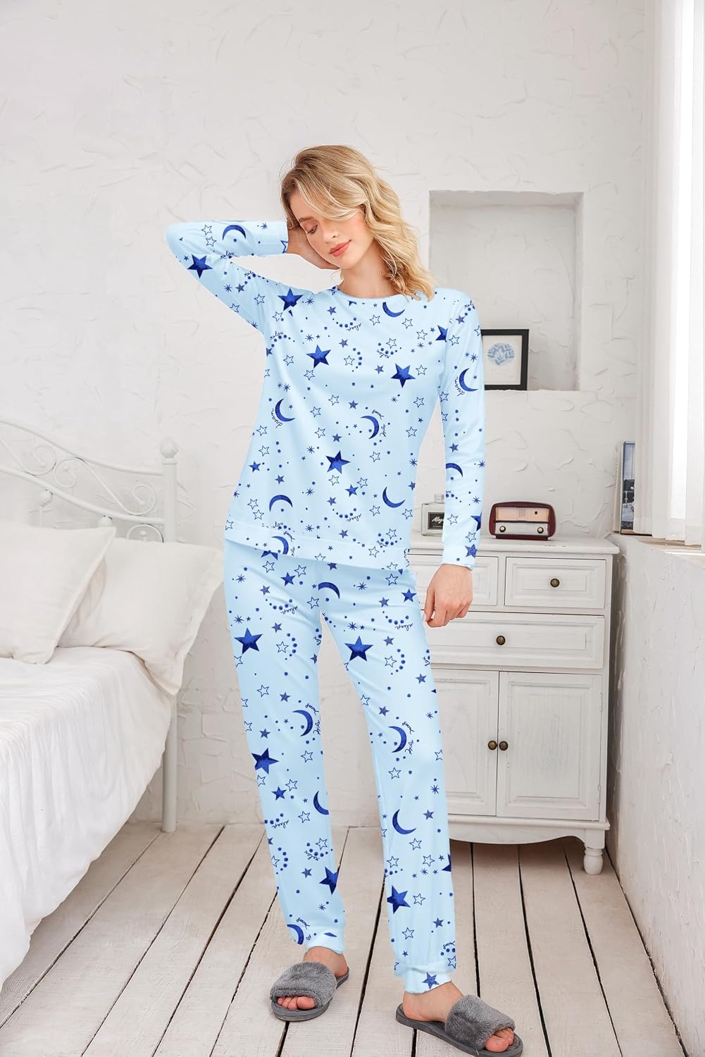 image:imageEkouaer Womens Jogger Pajama Sets Long Sleeve Sleepwear Lounge Sets XSXXLBlue Planet Moon