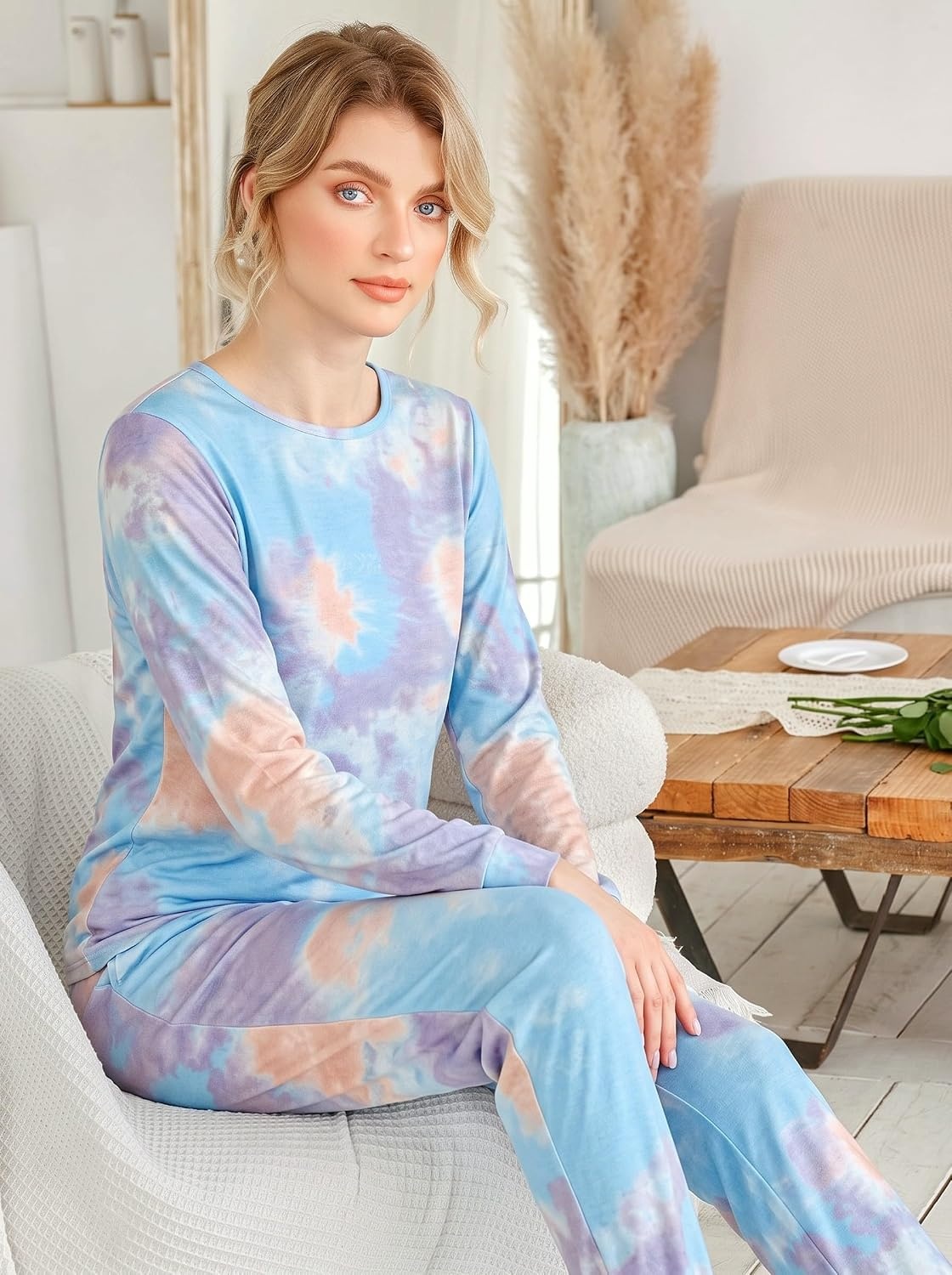 image:imageEkouaer Womens Jogger Pajama Sets Long Sleeve Sleepwear Lounge Sets XSXXLBlue Tye Die