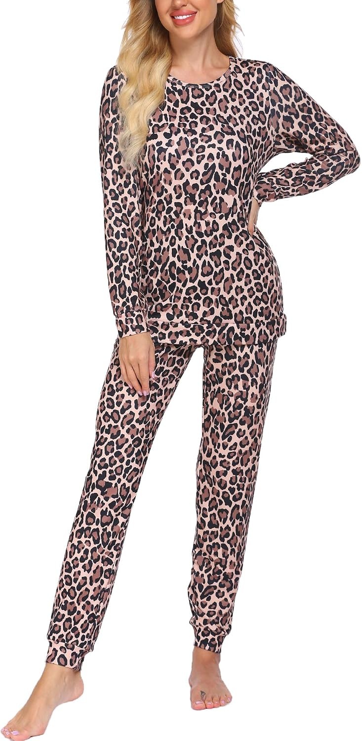 image:imageEkouaer Womens Jogger Pajama Sets Long Sleeve Sleepwear Lounge Sets XSXXLBrown Leopard