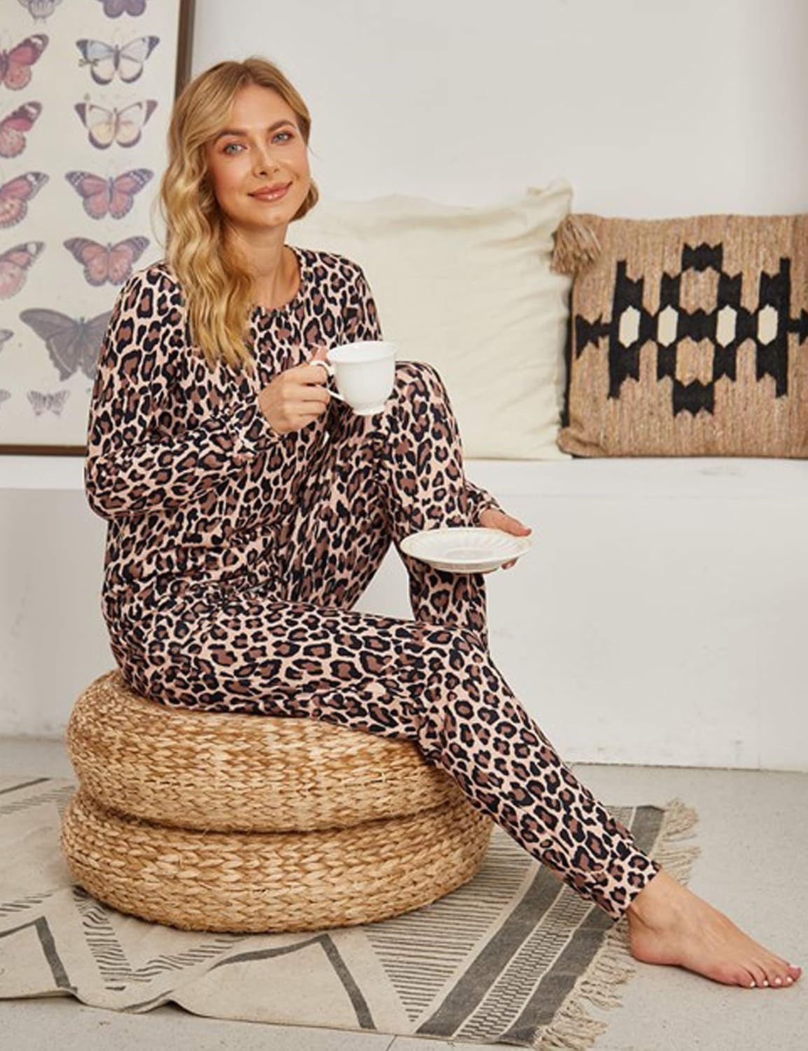 image:imageEkouaer Womens Jogger Pajama Sets Long Sleeve Sleepwear Lounge Sets XSXXLBrown Leopard