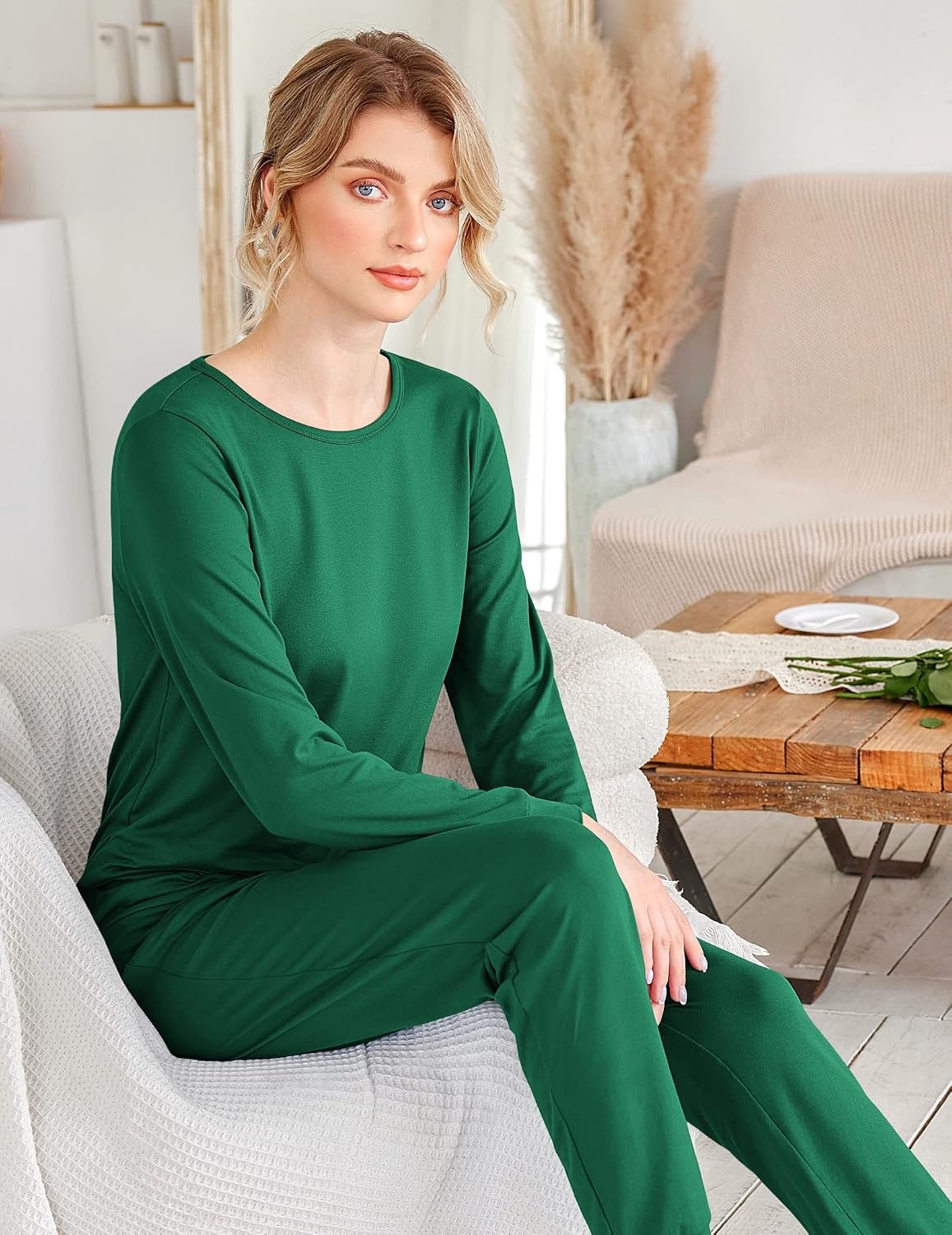image:imageEkouaer Womens Jogger Pajama Sets Long Sleeve Sleepwear Lounge Sets XSXXLDark Green