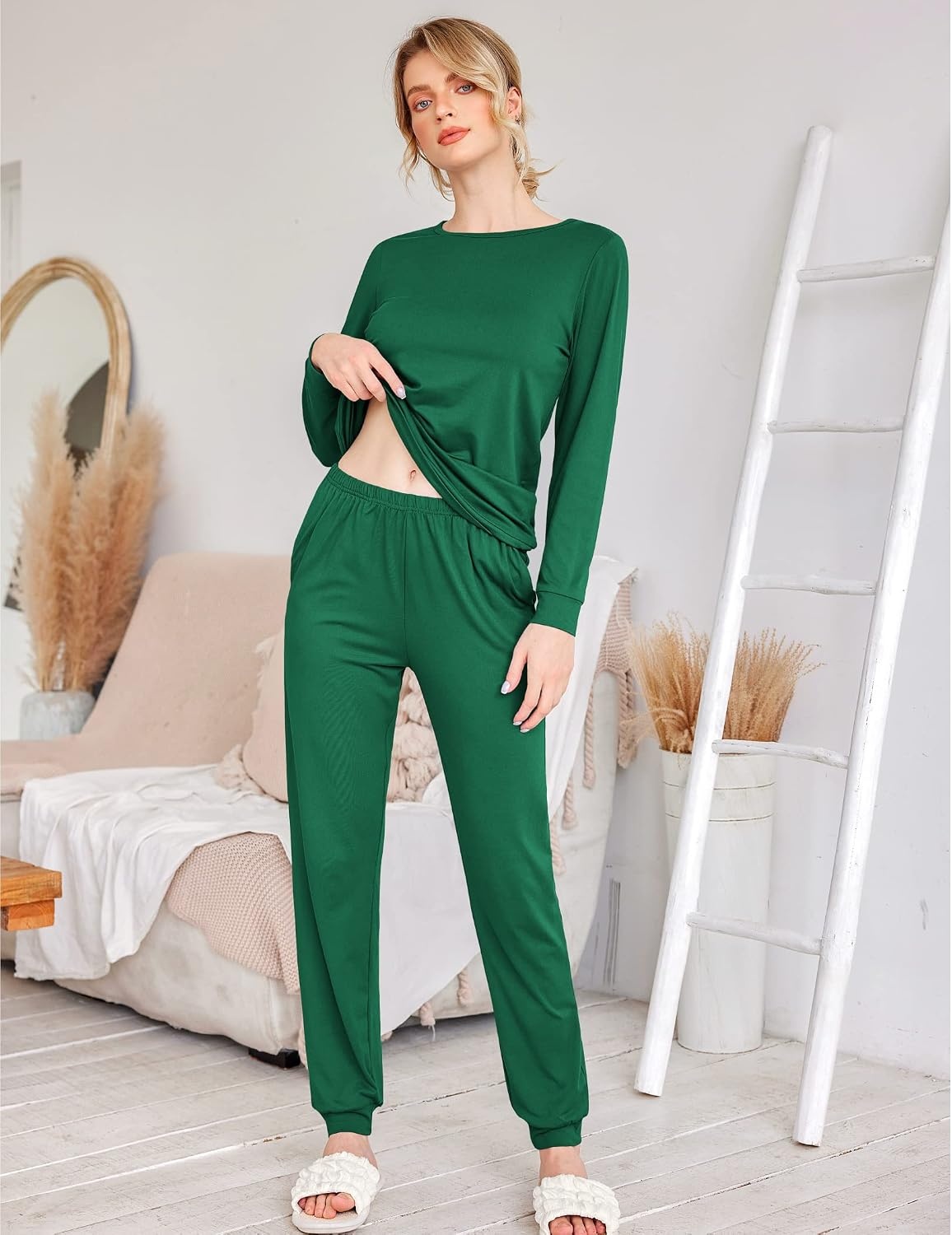 image:imageEkouaer Womens Jogger Pajama Sets Long Sleeve Sleepwear Lounge Sets XSXXLDark Green