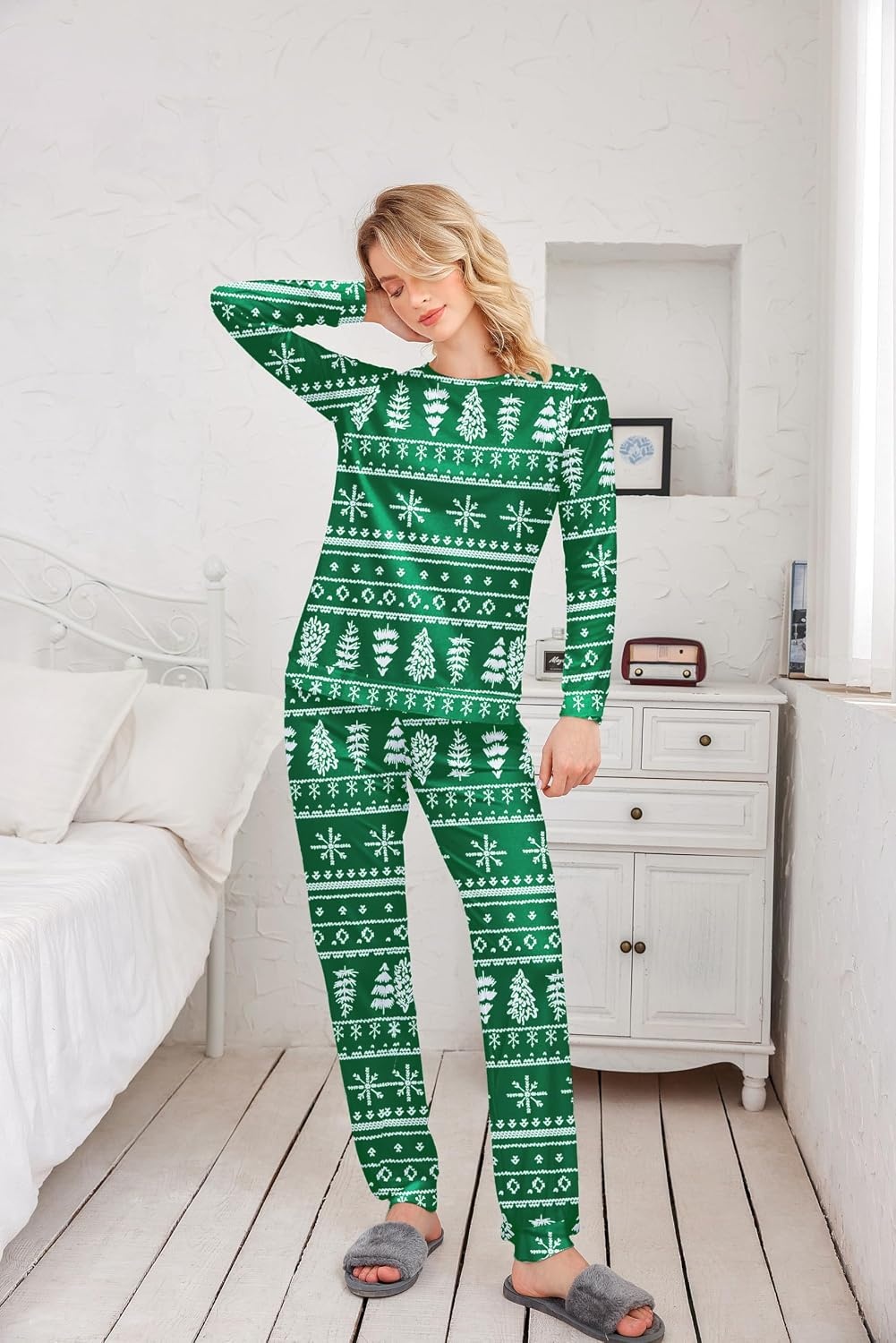image:imageEkouaer Womens Jogger Pajama Sets Long Sleeve Sleepwear Lounge Sets XSXXLGreen Christmas Tree