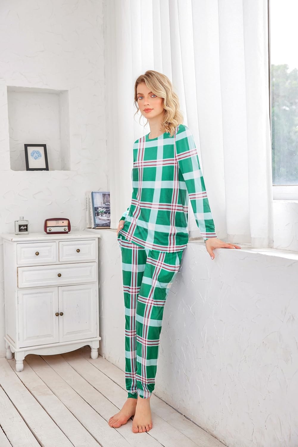 image:imageEkouaer Womens Jogger Pajama Sets Long Sleeve Sleepwear Lounge Sets XSXXLGreen Plaid