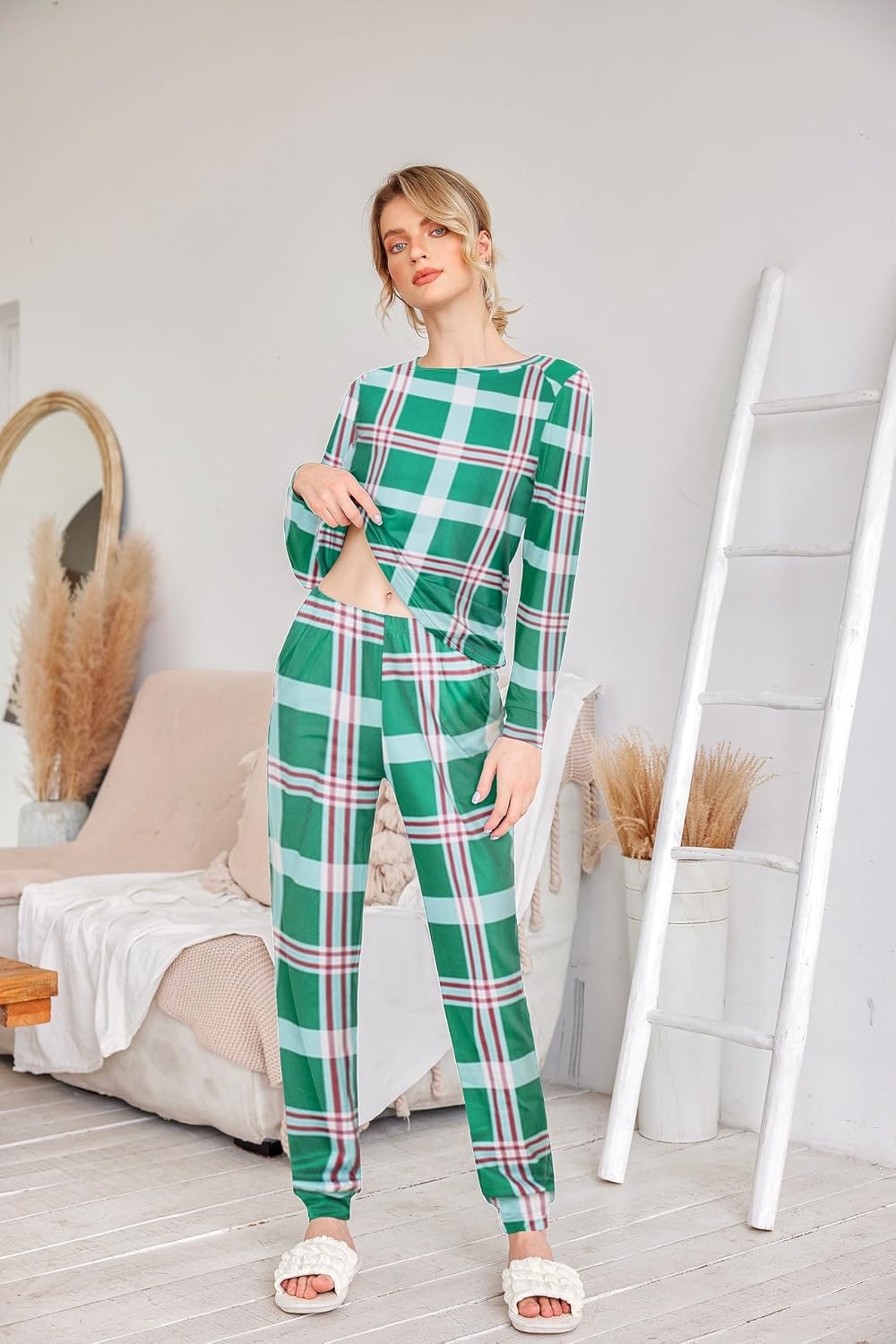 image:imageEkouaer Womens Jogger Pajama Sets Long Sleeve Sleepwear Lounge Sets XSXXLGreen Plaid