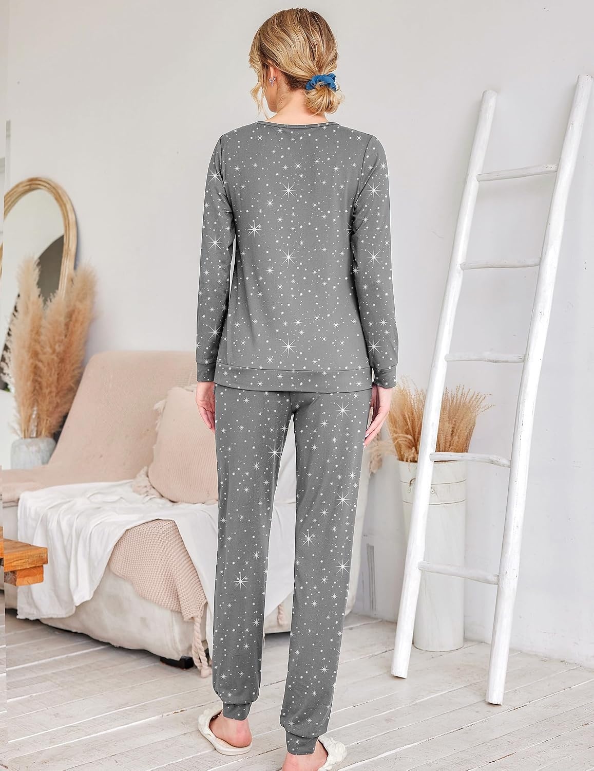 image:imageEkouaer Womens Jogger Pajama Sets Long Sleeve Sleepwear Lounge Sets XSXXLGrey White Star