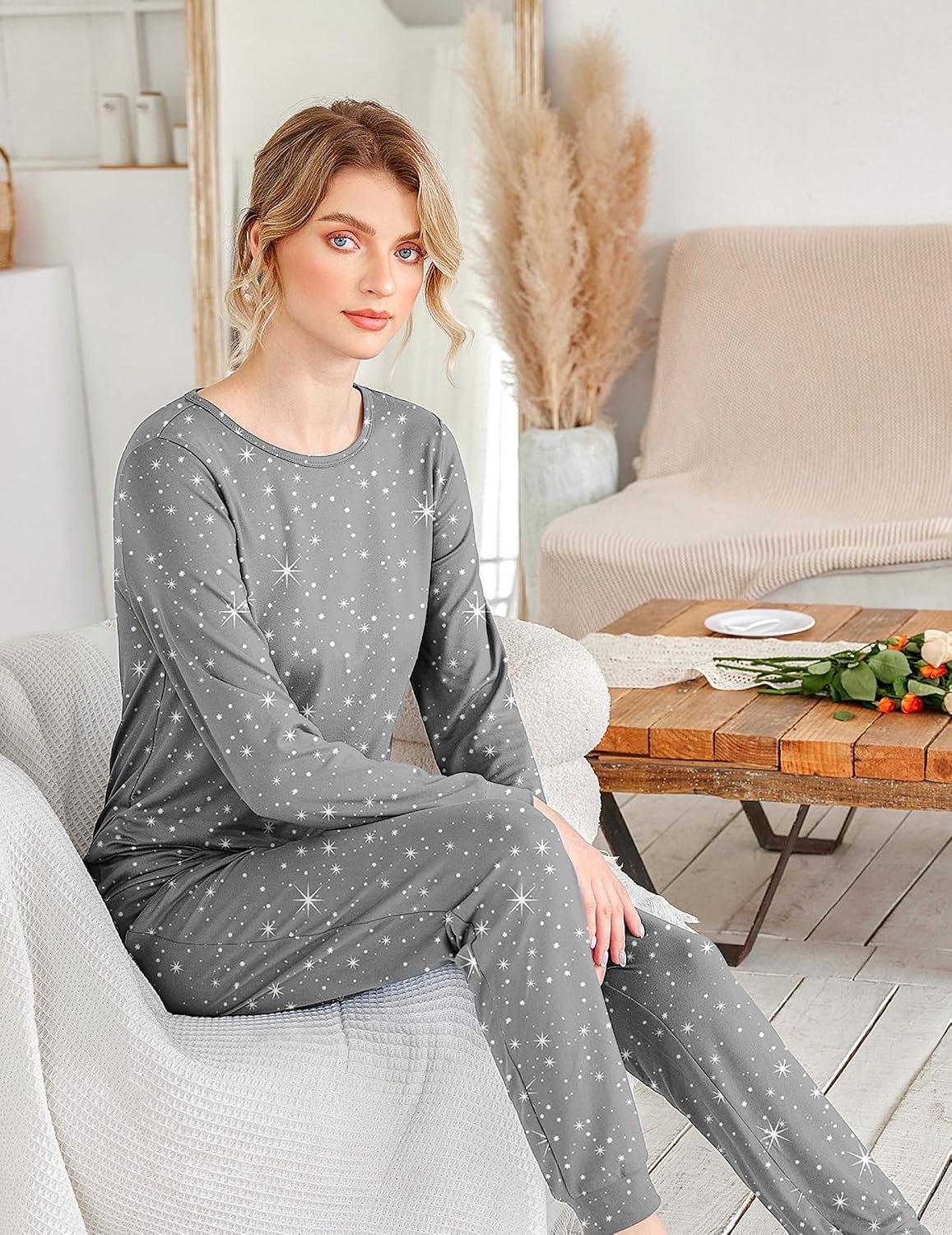 image:imageEkouaer Womens Jogger Pajama Sets Long Sleeve Sleepwear Lounge Sets XSXXLGrey White Star