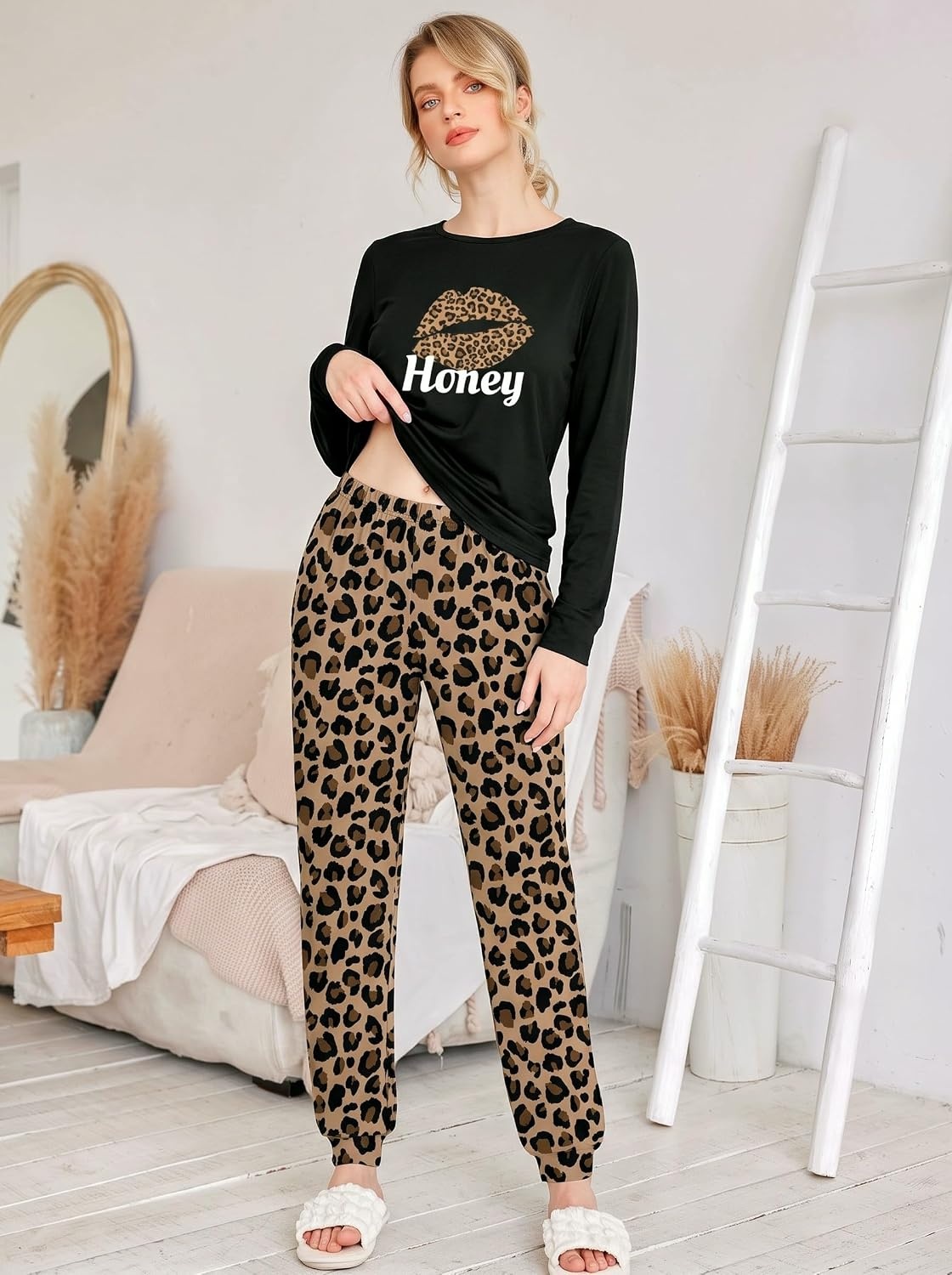 image:imageEkouaer Womens Jogger Pajama Sets Long Sleeve Sleepwear Lounge Sets XSXXLLeopard Lip Print