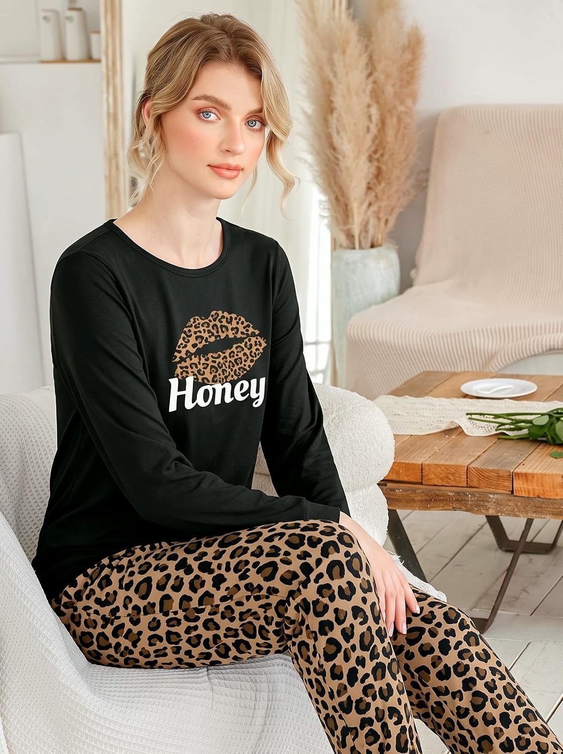 image:imageEkouaer Womens Jogger Pajama Sets Long Sleeve Sleepwear Lounge Sets XSXXLLeopard Lip Print