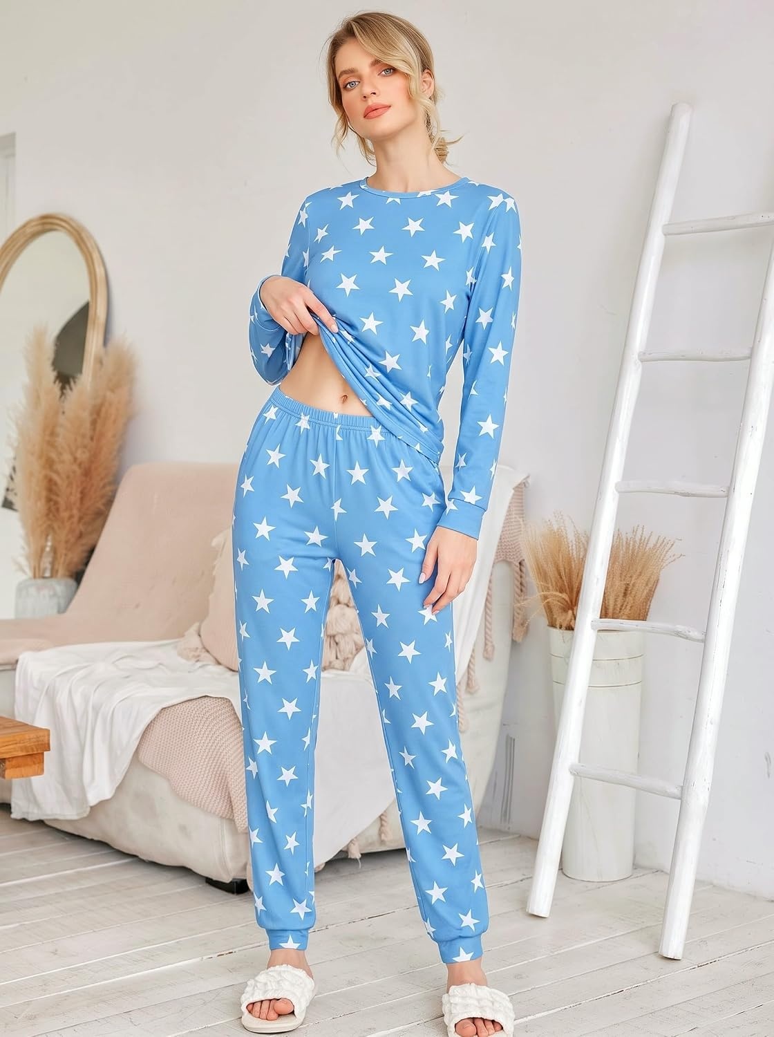 image:imageEkouaer Womens Jogger Pajama Sets Long Sleeve Sleepwear Lounge Sets XSXXLLight Blue Stars