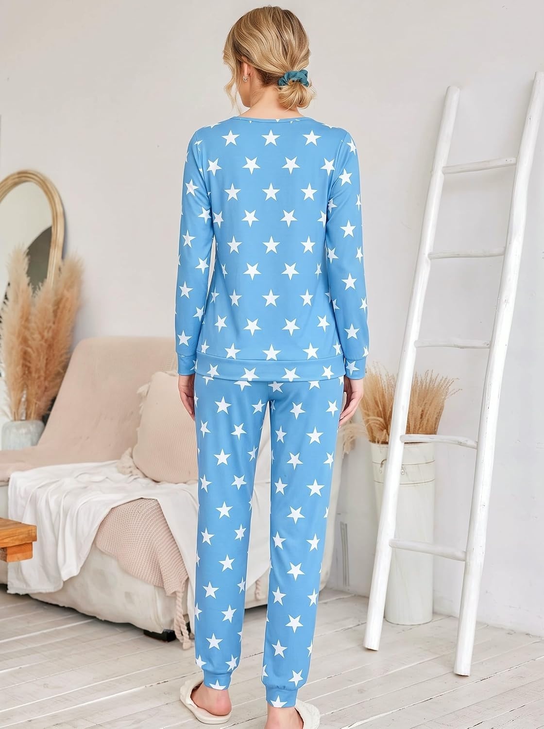 image:imageEkouaer Womens Jogger Pajama Sets Long Sleeve Sleepwear Lounge Sets XSXXLLight Blue Stars