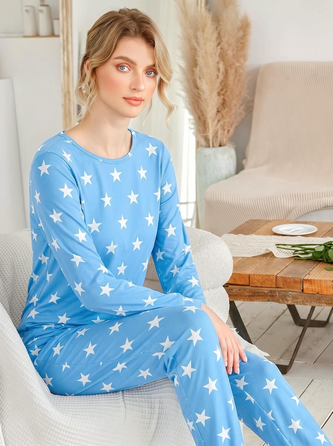 image:imageEkouaer Womens Jogger Pajama Sets Long Sleeve Sleepwear Lounge Sets XSXXLLight Blue Stars