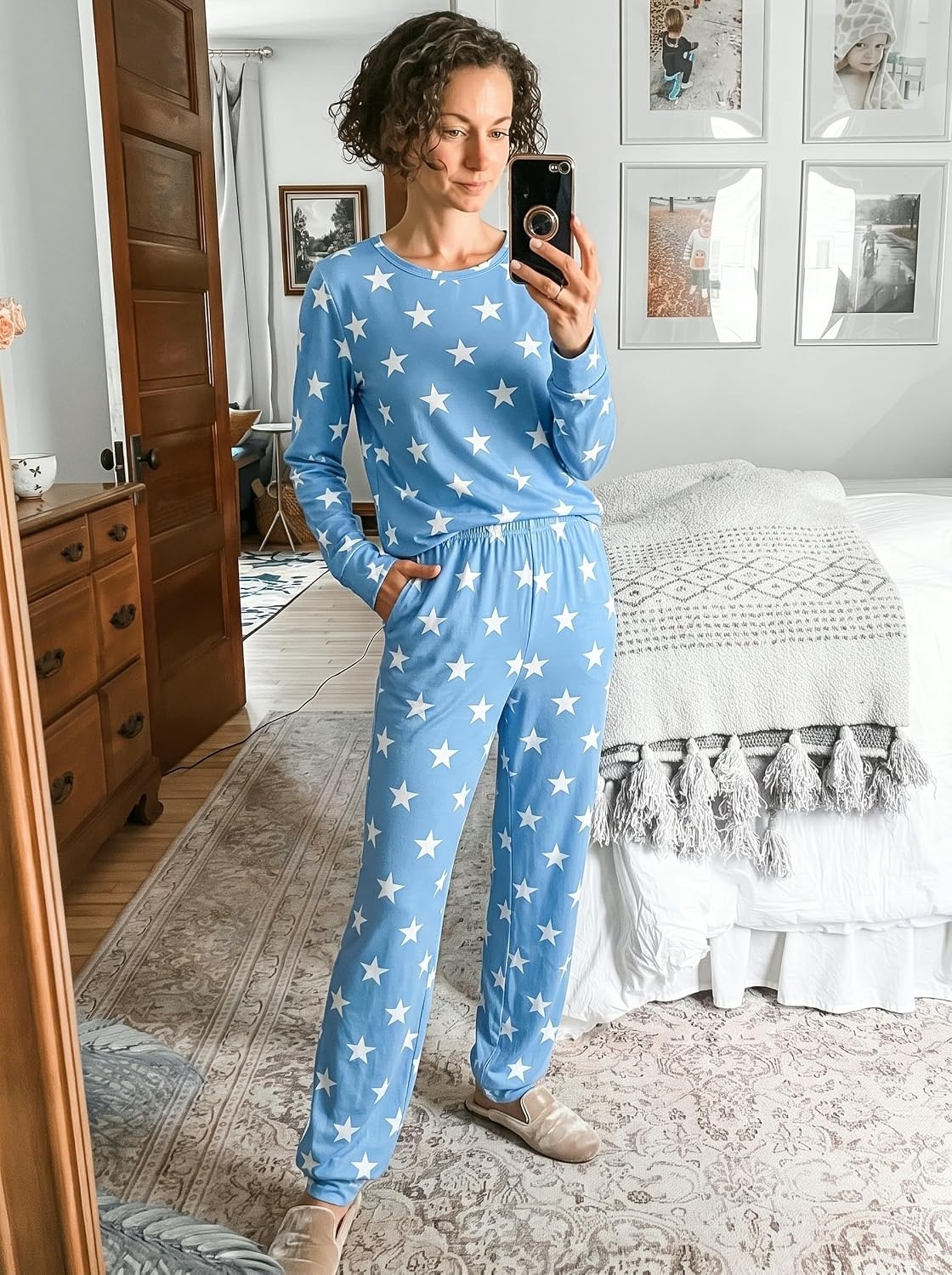 image:imageEkouaer Womens Jogger Pajama Sets Long Sleeve Sleepwear Lounge Sets XSXXLLight Blue Stars