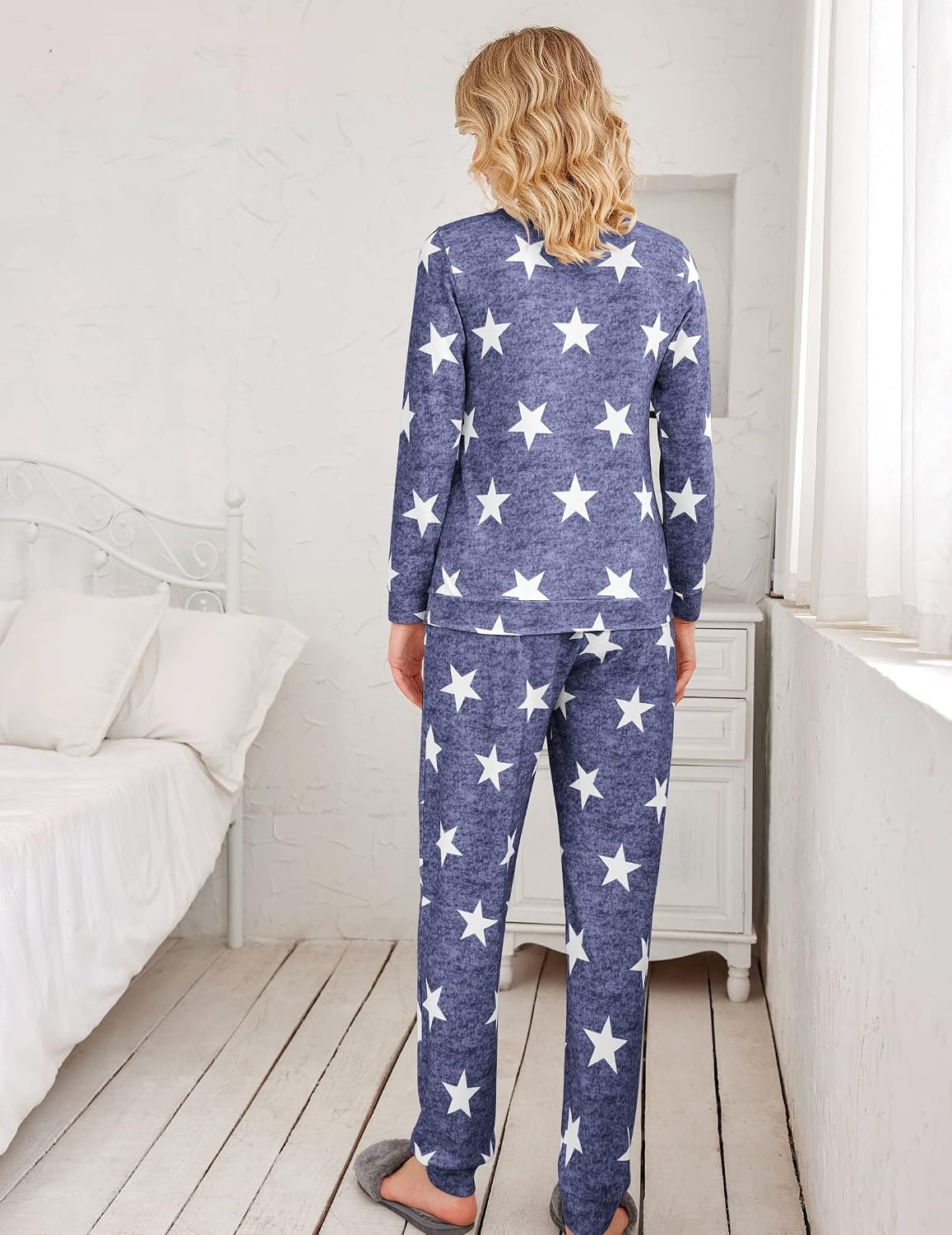 image:imageEkouaer Womens Jogger Pajama Sets Long Sleeve Sleepwear Lounge Sets XSXXLLong Blue White Star