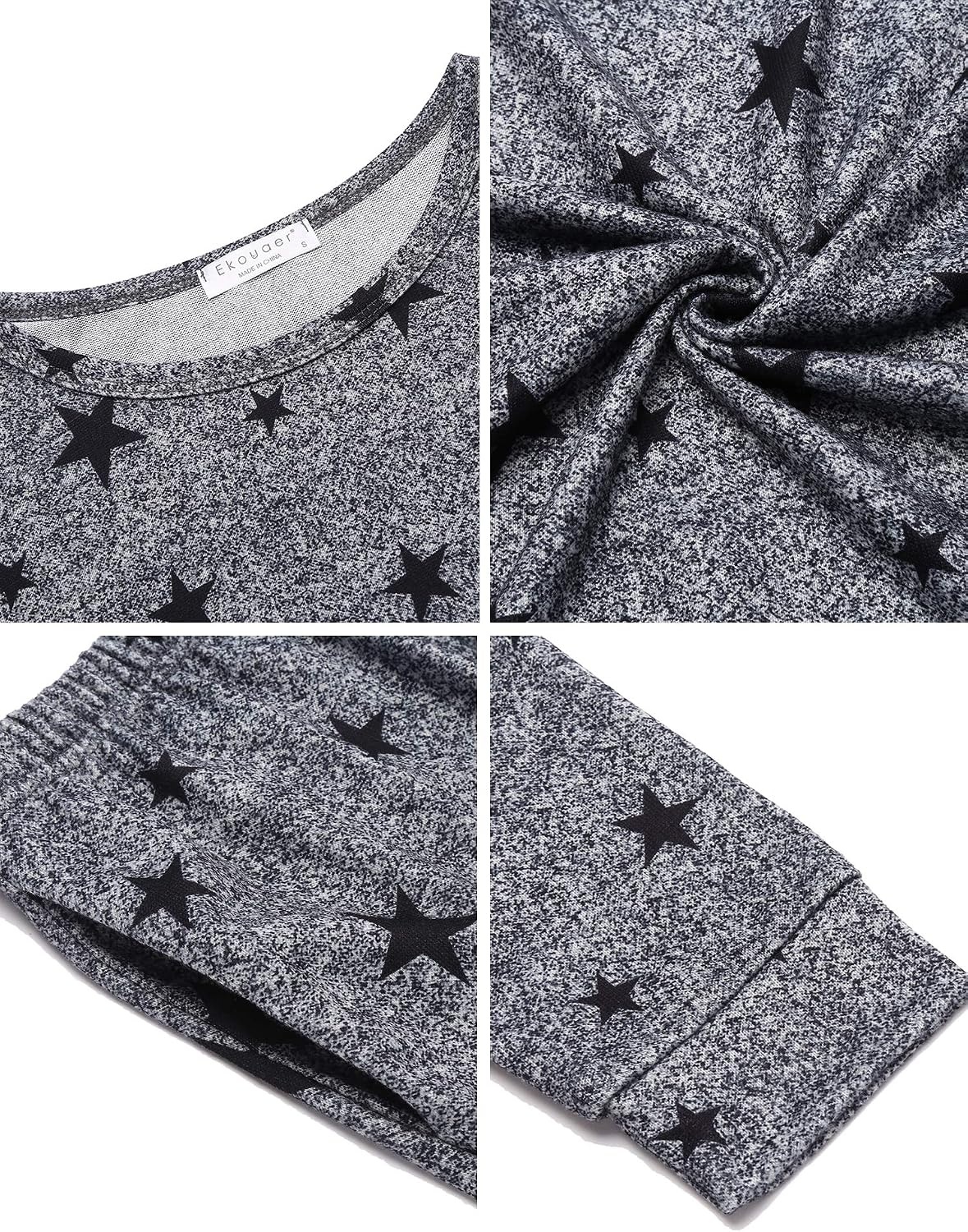 image:imageEkouaer Womens Jogger Pajama Sets Long Sleeve Sleepwear Lounge Sets XSXXLMedium Grey Black Star