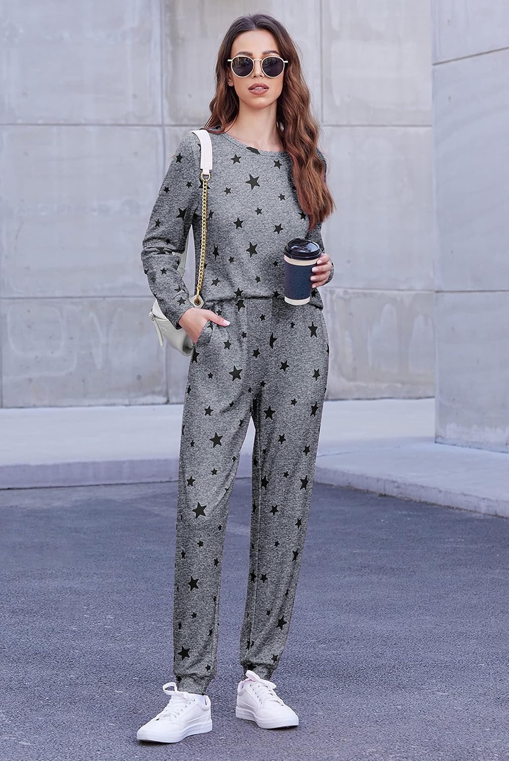 image:imageEkouaer Womens Jogger Pajama Sets Long Sleeve Sleepwear Lounge Sets XSXXLMedium Grey Black Star