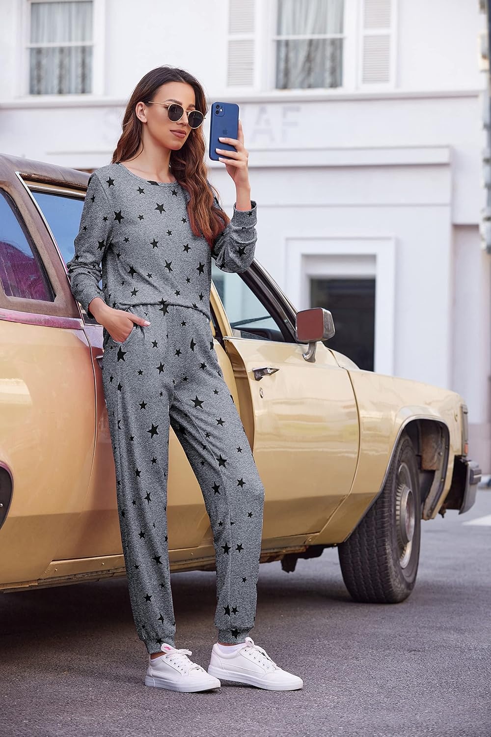 image:imageEkouaer Womens Jogger Pajama Sets Long Sleeve Sleepwear Lounge Sets XSXXLMedium Grey Black Star