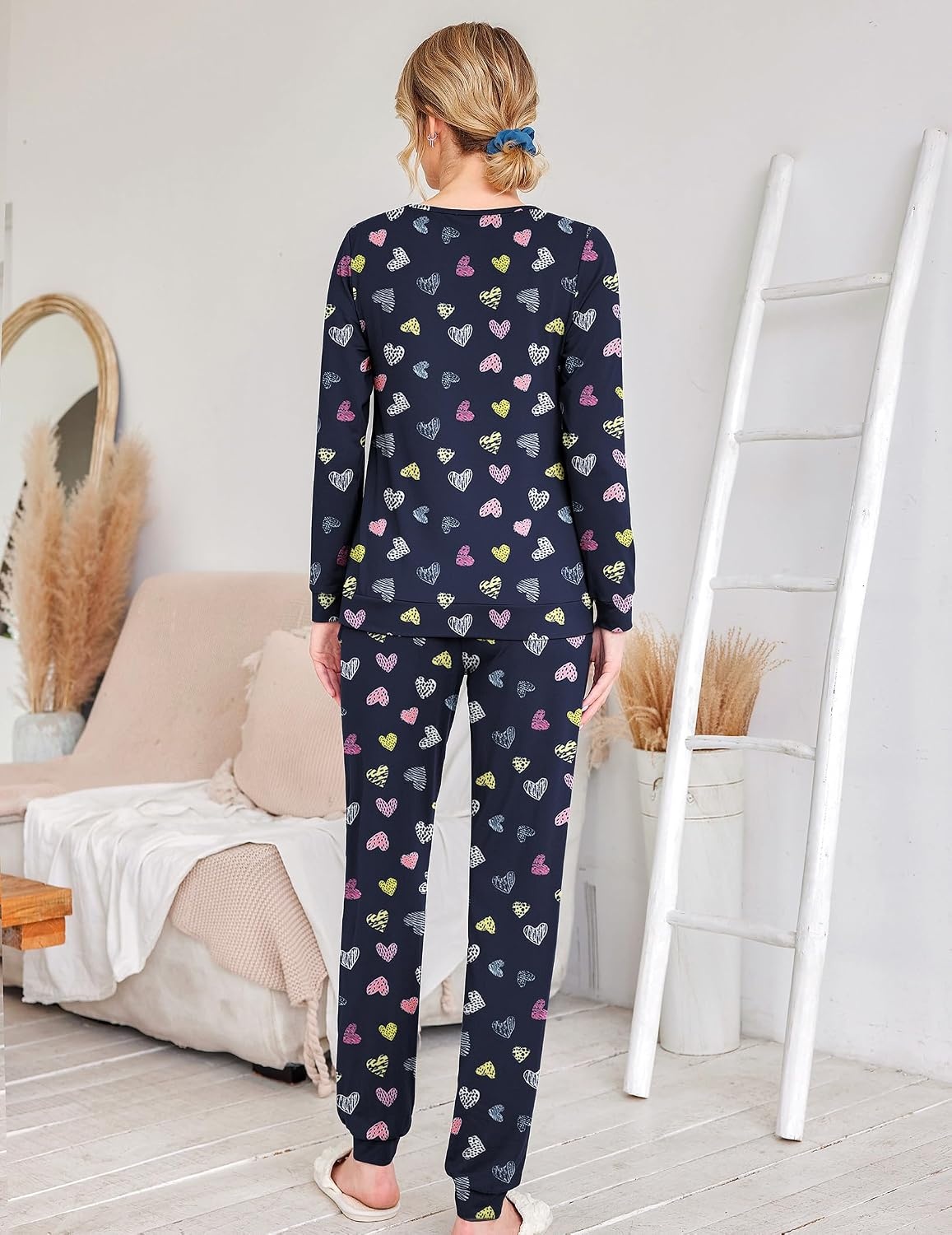 image:imageEkouaer Womens Jogger Pajama Sets Long Sleeve Sleepwear Lounge Sets XSXXLNavy Heart
