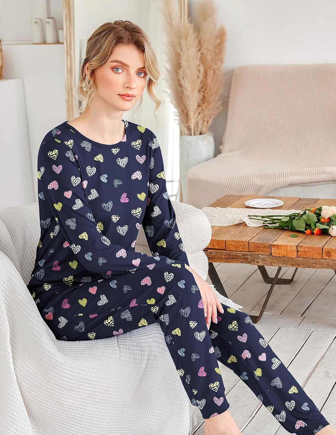 image:imageEkouaer Womens Jogger Pajama Sets Long Sleeve Sleepwear Lounge Sets XSXXLNavy Heart