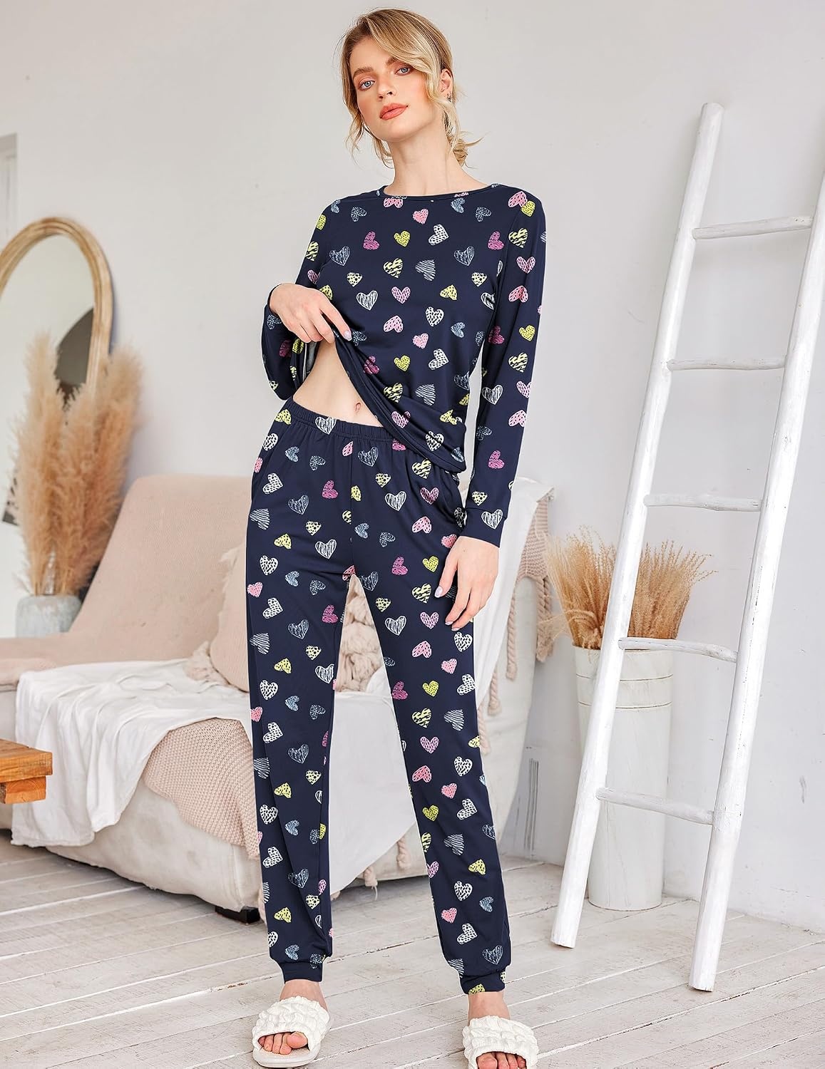image:imageEkouaer Womens Jogger Pajama Sets Long Sleeve Sleepwear Lounge Sets XSXXLNavy Heart